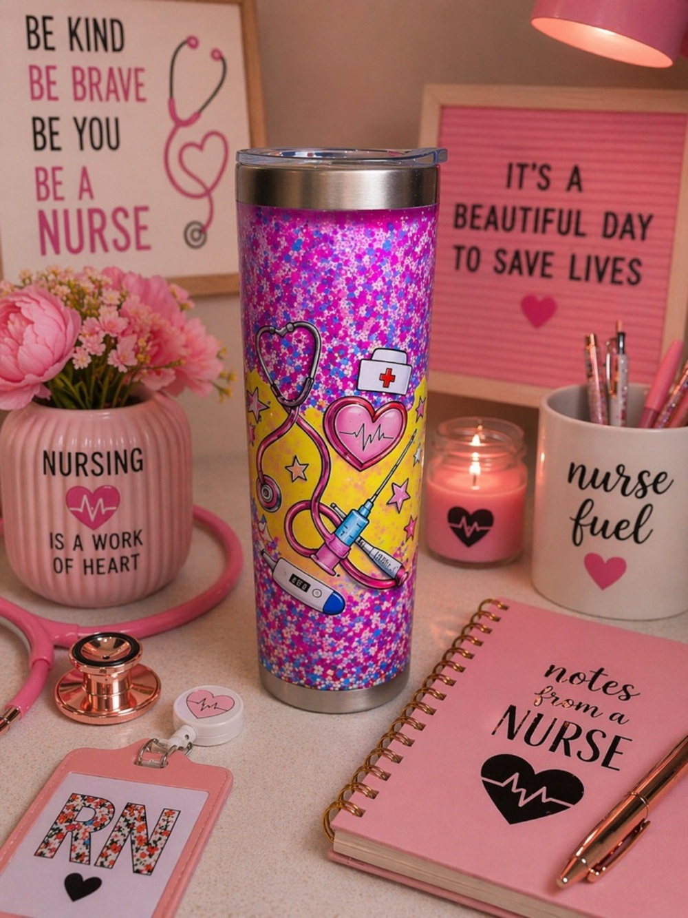 Nurse-Themed Pink Glitter Stainless Travel Tumbler